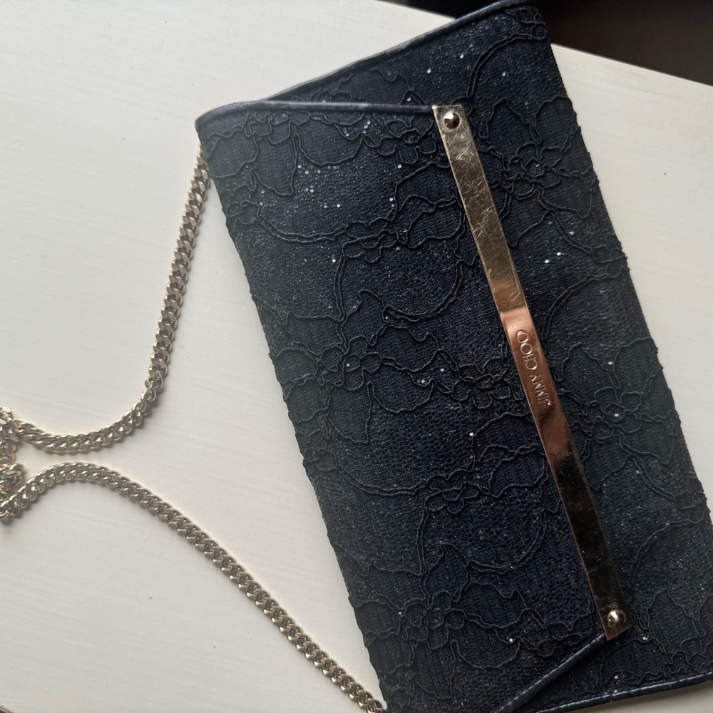 Jimmy Choo Elegant Black Lace Clutch with Gold Chain